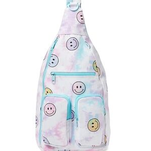 Pastel Tie-Dye Smiley Sling Backpack - Pink, Blue, Yellow
